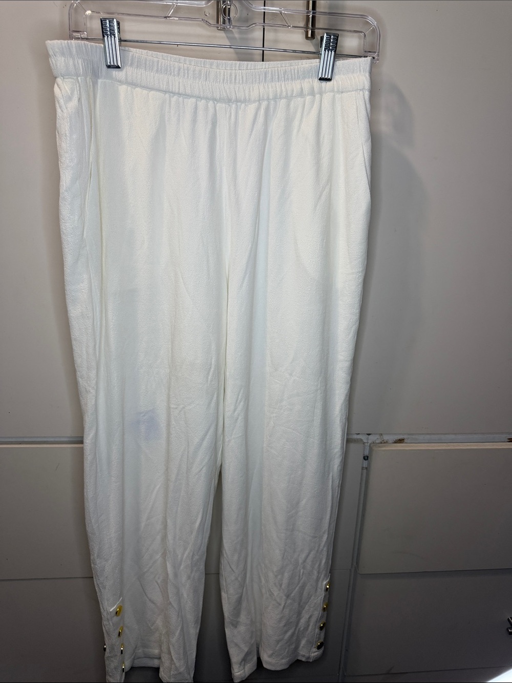 Women's White Elastic-Waist Jumpsuit with Button Hem